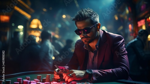 Man in black sunglasses playing poker at the casino