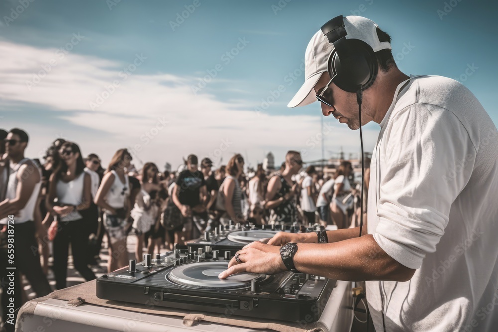 Fototapeta premium Man DJ white cloth outdoor. Fun event group. Generate Ai