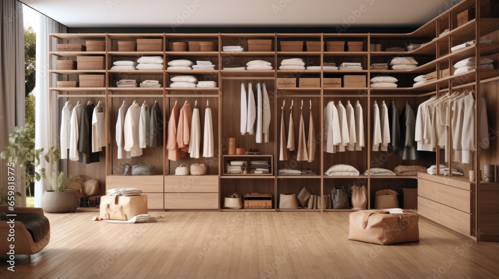 spacious wooden wardrobe showcases a collection of neatly arranged attire