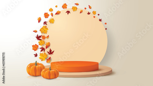 vector background with realistic halloween pumpkin and podium for product display