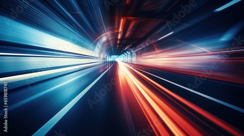 Blurred motion in an urban tunnel, racing towards the luminescent end