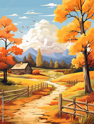 Fall autumn landscape background vector, simple abstract style. Good for fashion fabrics, children’s clothing, postcards, social post, books, wallpaper, banner, events, covers, advertising, and more.