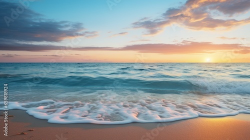 The sun dips below the horizon, casting a warm glow over a serene beachscape © Putra