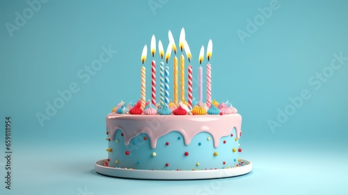 Birthday Cake with Candles on Pastel Blue Background for Celebrations photo