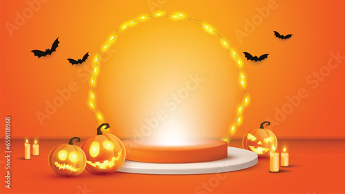 vector background with realistic halloween pumpkin and podium for product display