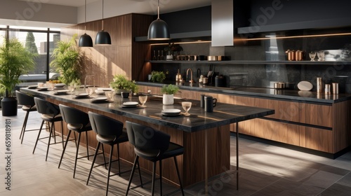 Contemporary Kitchen Elegance. A panoramic view of a kitchen blending black elements with wooden accents