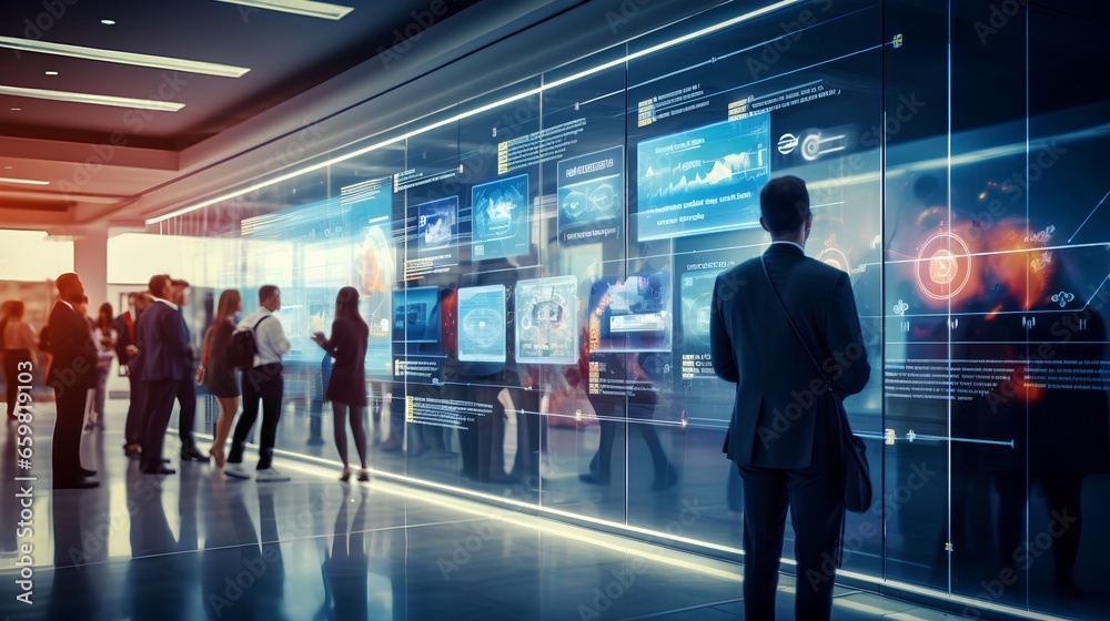 Fototapeta premium High technology environment with surveillance intelligence machine learning operations and blurred motion engineers in background as active workspace. Data monitoring, control and research.