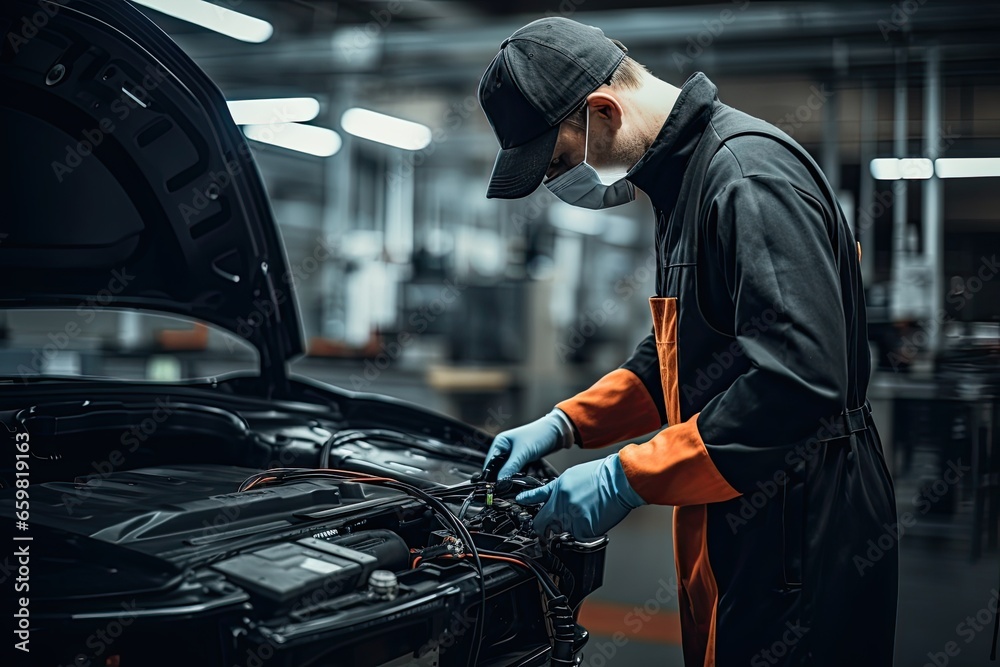Technical Worker is testing a battery from an electric car in a modern factory Technical Worker is testing a battery from an electric car in a modern factory