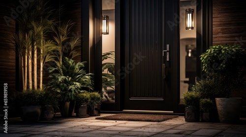 Sleek black door complemented by green plants and elegant home accents