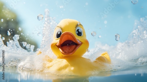 cheerful rubber duck awaits in a child bathtub