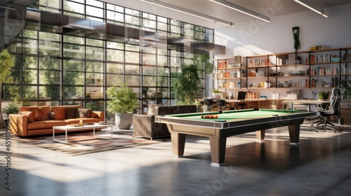 well-lit open plan office, featuring a breakout area, pool table, and a glimpse