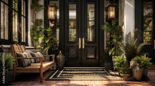 Sleek black door complemented by green plants and elegant home accents © Putra