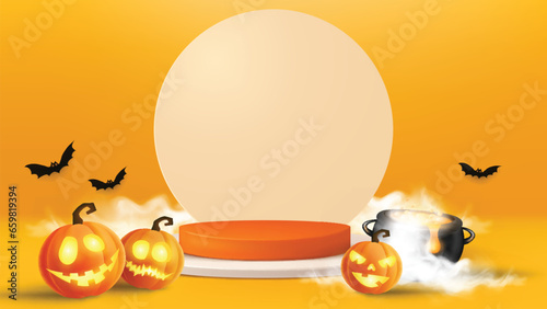vector background with realistic halloween pumpkin and podium for product display