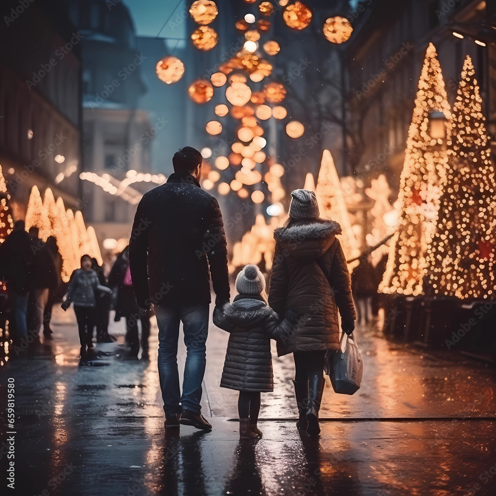 Photo of family admires Christmas decorations on the city streets
