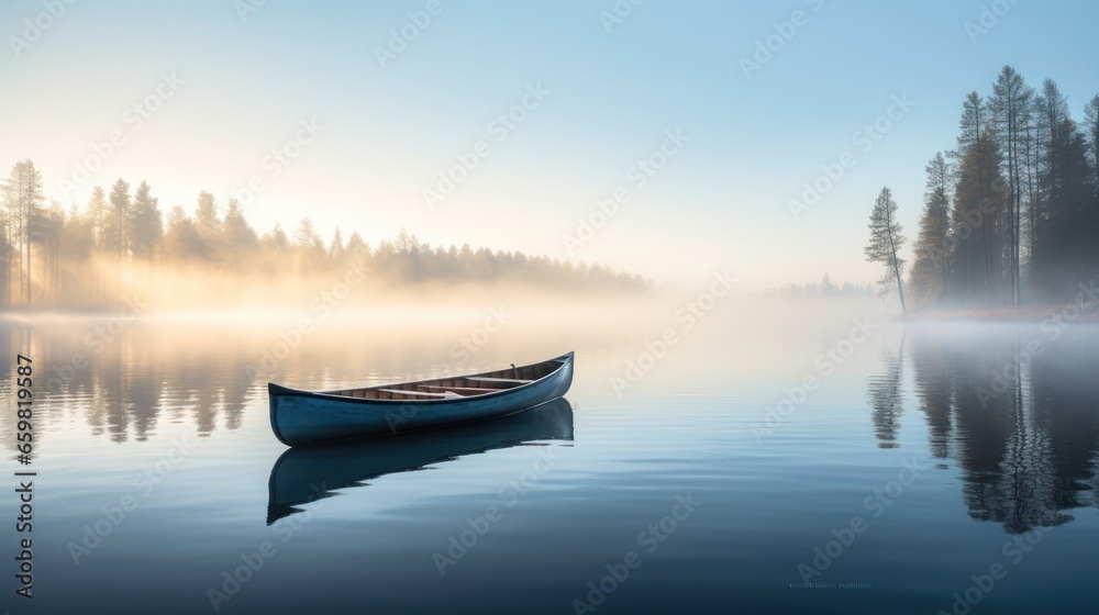 A lone canoe floats on a tranquil, mysterious lake A lone canoe floats on a tranquil, mysterious lake