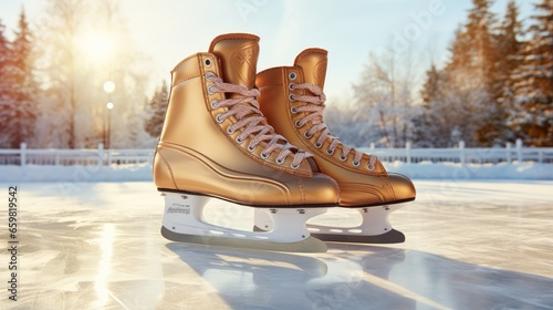 excitement of winter sports and outdoor fun by displaying a pair of ice skates against the backdrop of a pristine ice skating rink