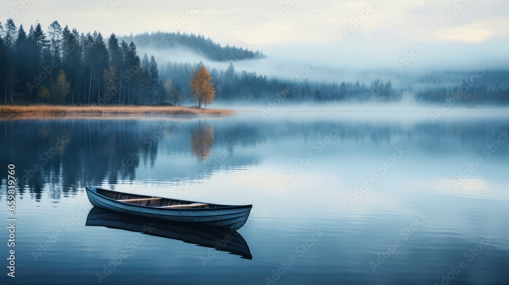 Fototapeta premium A lone canoe floats on a tranquil, mysterious lake
