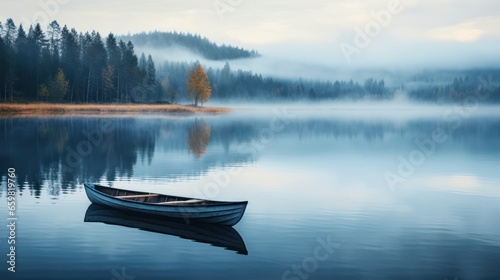 A lone canoe floats on a tranquil  mysterious lake