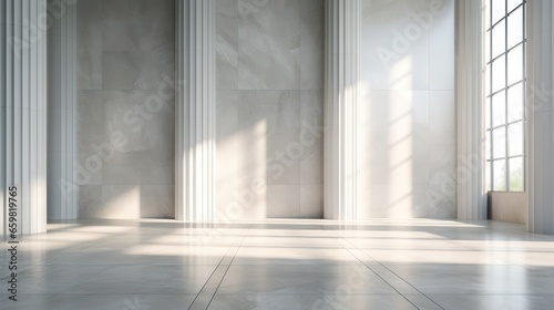 room showcasing modern concrete walls  marble flooring  and stately pillars