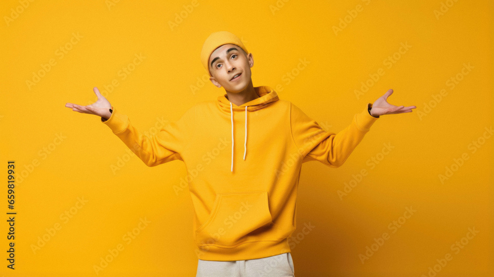 Young handsome man wearing yellow sweatshirt over isolated yellow background smiling and looking at the camera with open arms hands. Young handsome man wearing yellow sweatshirt over isolated yellow background smiling and looking at the camera with open arms hands.