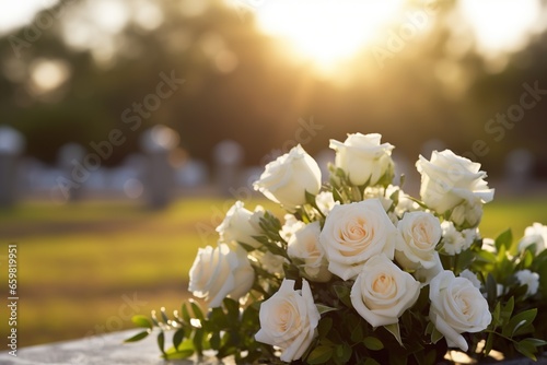 white flowers in front of a gravestone at a cemetery with sunset.Funeral Concept