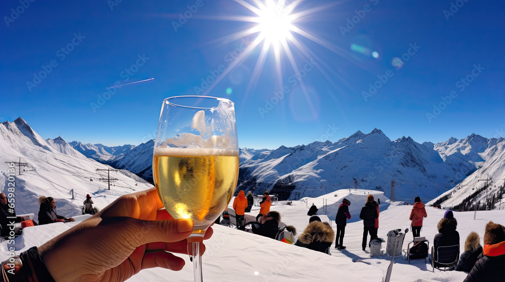 Winter Wonderland Toast: Apre Ski Champagne in the Majestic Mountain Scenery - obrazy, fototapety, plakaty 