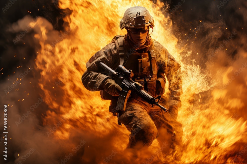 Military soldier in fire splashes. Warrior assault in flames. Generate Ai