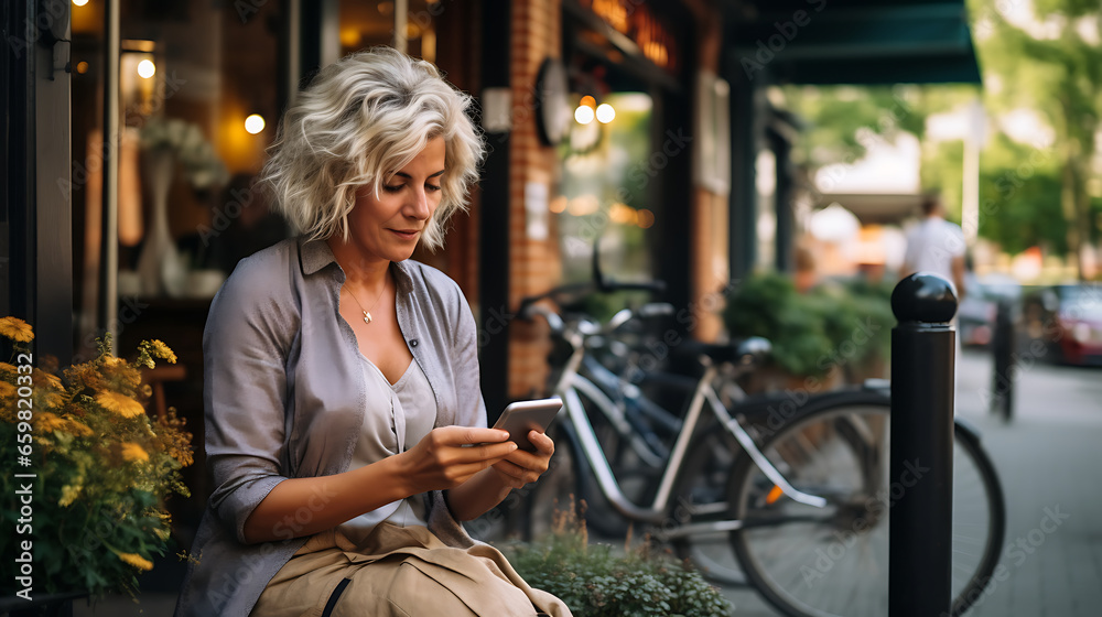 Serious middle-aged woman using smartphone sitting outdoor cafe