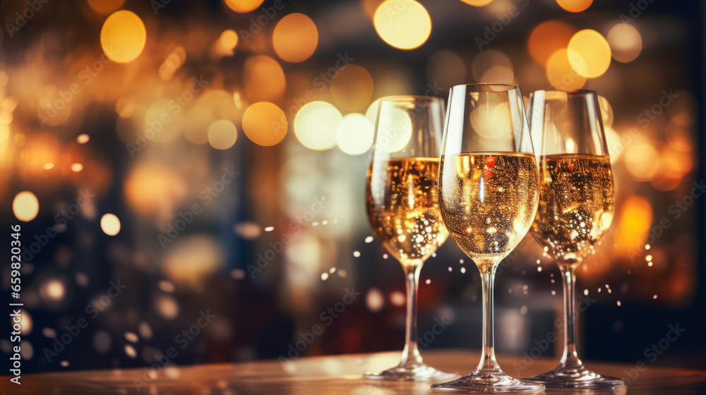 glasses with champagne on table with Christmas decorations. new year, generative AI glasses with champagne on table with Christmas decorations. new year, generative AI