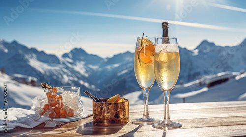 Winter Wonderland Toast: Apre Ski Champagne in the Majestic Mountain Scenery photo