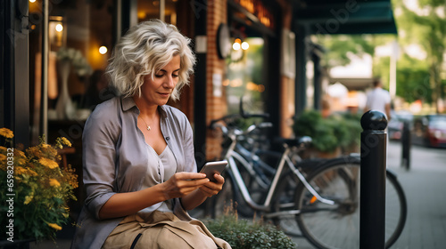 Serious middle-aged woman using smartphone sitting outdoor cafe