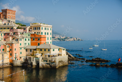 Landscape with colored houses on the cape in Europe. Italy, Genoa, Boccadasse