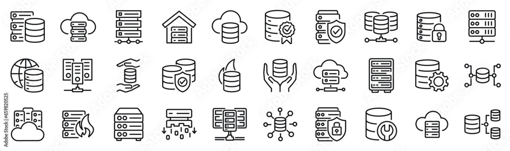 Set of 30 outline icons related servers, data base. Linear icon collection. Editable stroke. Vector illustration