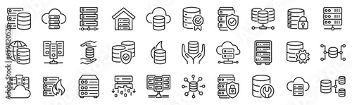 Set of 30 outline icons related servers, data base. Linear icon collection. Editable stroke. Vector illustration