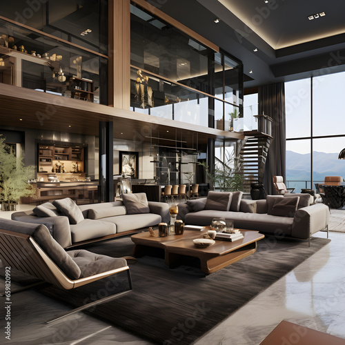 Minimalist interior design of modern living room for men with huge corner gray sofa, generated AI