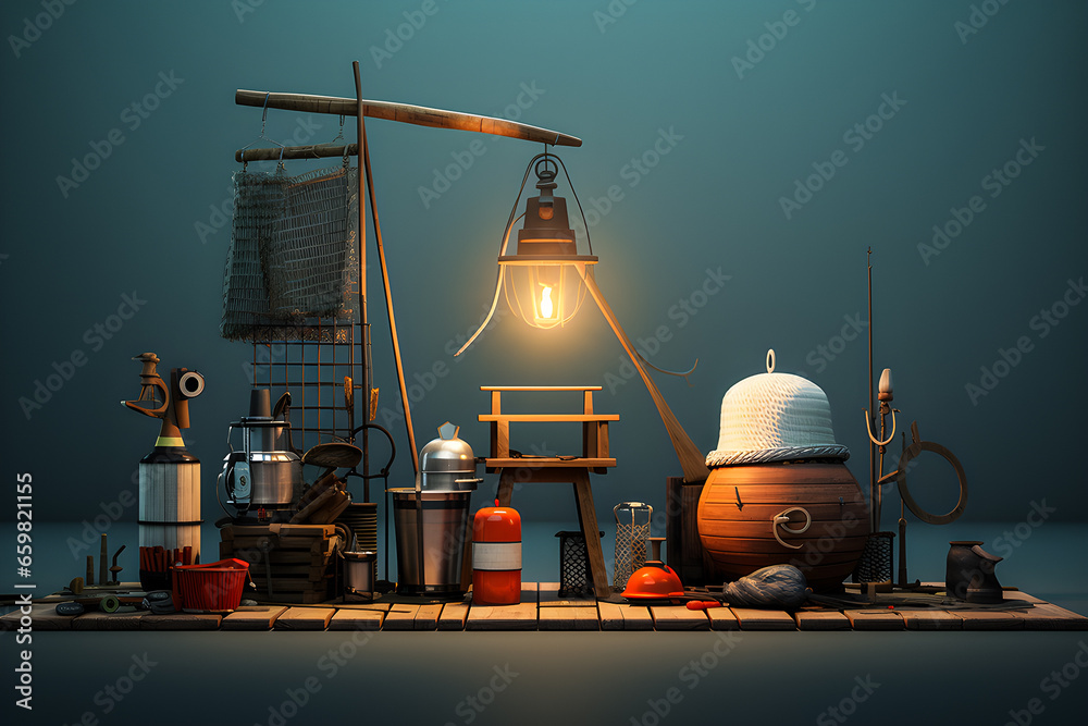 Composition of fishing equipment in 3d style, generate AI, fisherman life concept - obrazy, fototapety, plakaty 