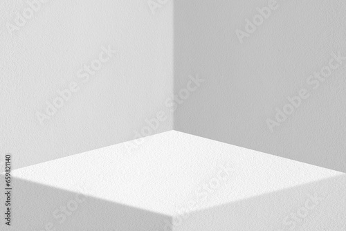 White Stucco Poduim with Wall Background, , Suitable for Darker Contrast Product Presentation Backdrop, Display, and Mock up. © mesamong