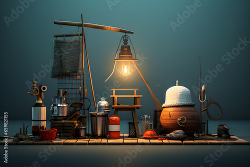 Composition of fishing equipment in 3d style, generate AI, fisherman life concept photo