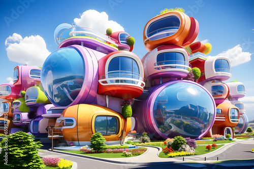 wonderful and colorful futuristic house in cartoon style in a magical city