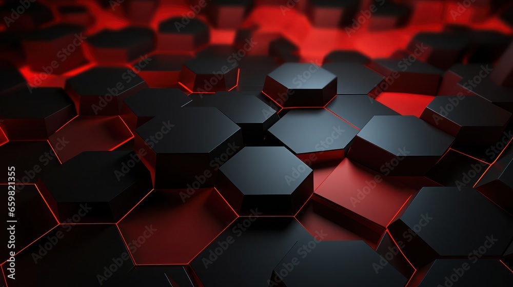 Abstract dark hexagon pattern on red neon background technology style. Modern futuristic geometric shape web banner design. You can use for cover template, poster, flyer, print ad Abstract dark hexagon pattern on red neon background technology style. Modern futuristic geometric shape web banner design. You can use for cover template, poster, flyer, print ad
