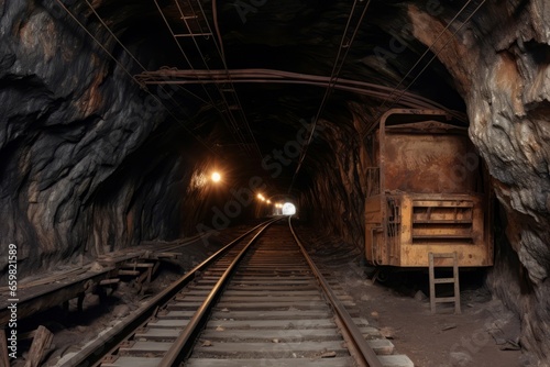 Mine tunnel cave railway inside. Passage construction. Generate Ai