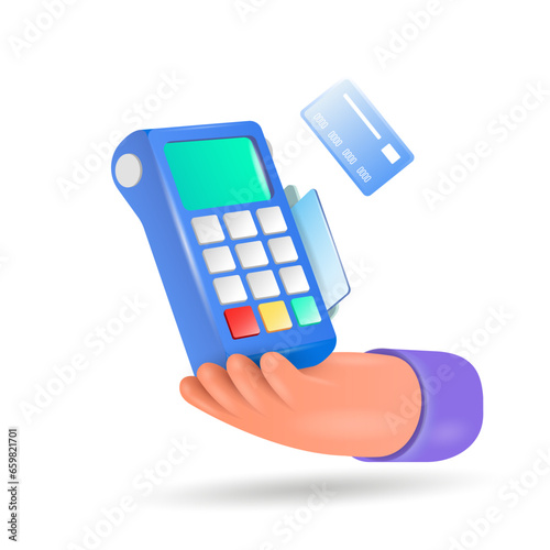 Payment terminal, a modern POS-bank payment device.
A payment device with an NFC keyboard. A credit card reader.
Vector 3D illustration of a contactless payment system.