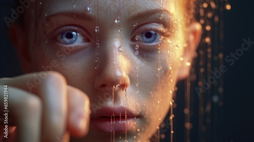 Closeup portrait of a girl with blue eyes standing under the rain or taking a shower for skin hare and perfect spa treatment in wellness salon as water is crucial for healthy skin