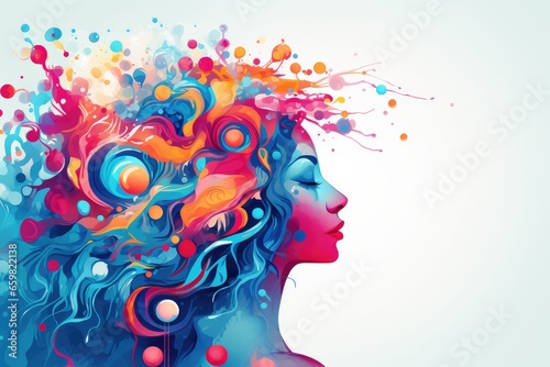 Beautiful girl with abstract colorful hair. Abstract background for Take It in the Ear Day. 
