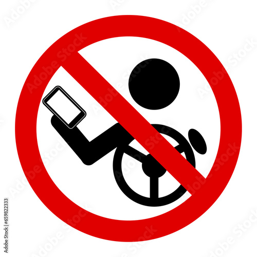 Do not use phone while driving, ban sign with silhouette of driver with a smartphone in hand.