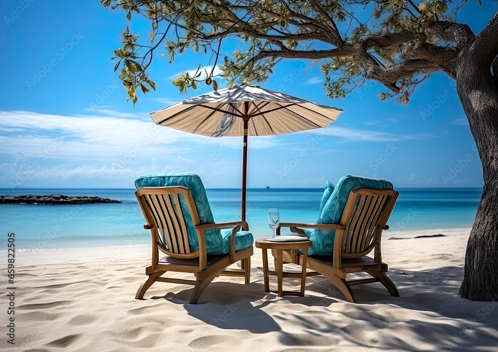 Two sun loungers under an umbrella on the beach overlooking the sea, vacation concept