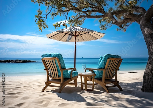 Two sun loungers under an umbrella on the beach overlooking the sea  vacation concept