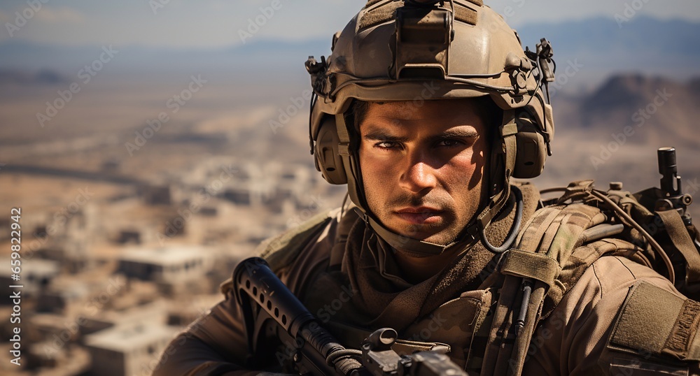 Israeli soldier in front of an Israeli city. AI Israeli soldier in front of an Israeli city. AI