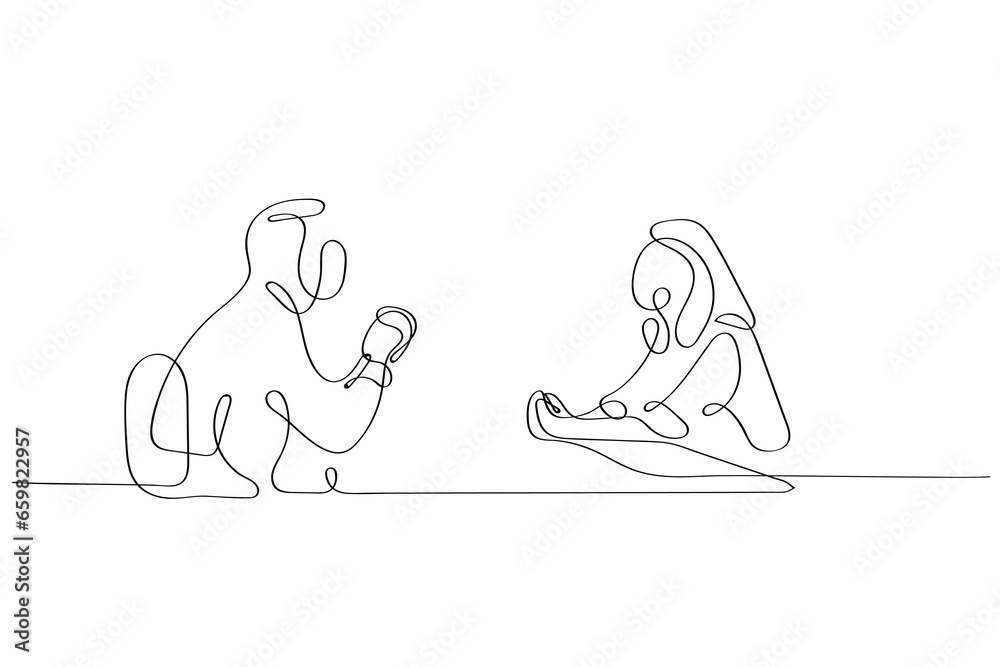 Obraz premium Older adults and mental health line art vector. Elderly concept art.