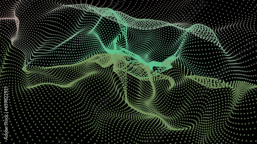 Energy net flows. Dot particle lines penetrating fog. Neon lights plexus of knots. Curved node row space infinity. Linking funnel universe parameters. Background information technology presentation.